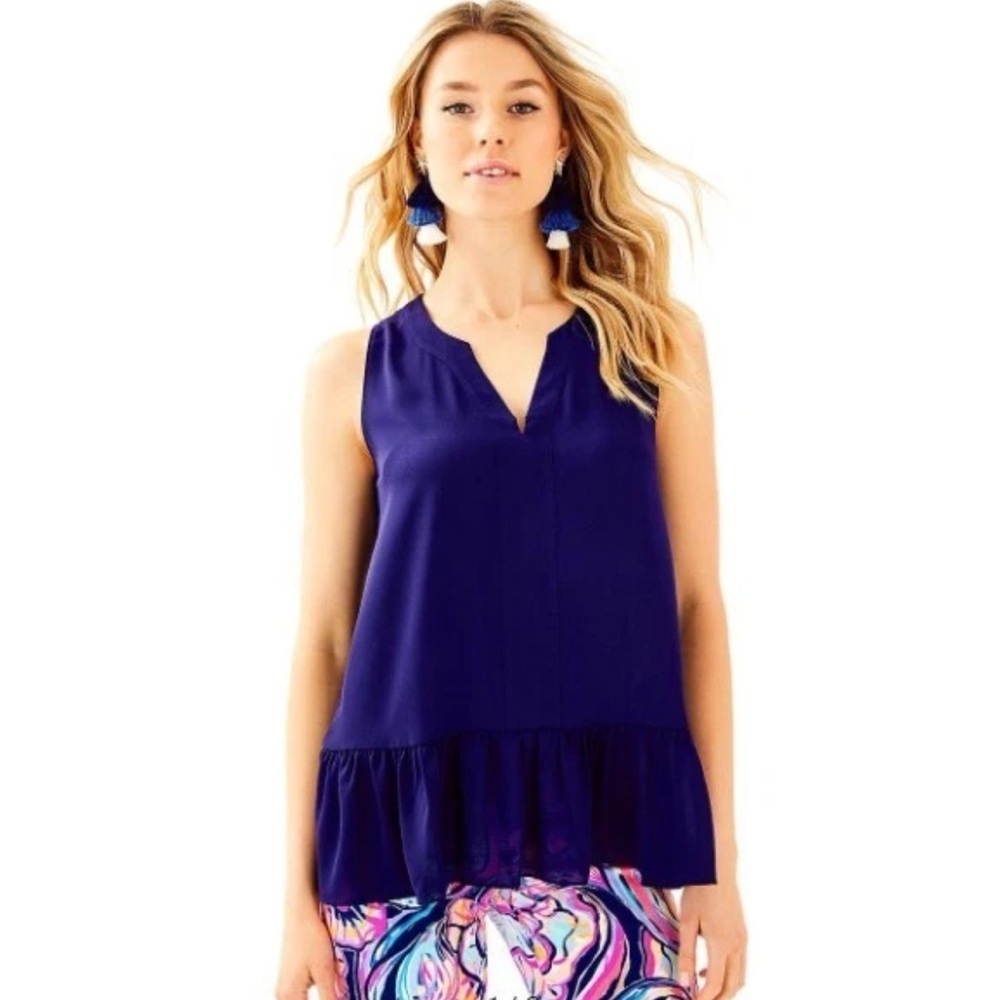 Lily Pulitzer Gramercy Navy V-Neck Ruffle Hem Sleeveless Tunic Top, Sz XS